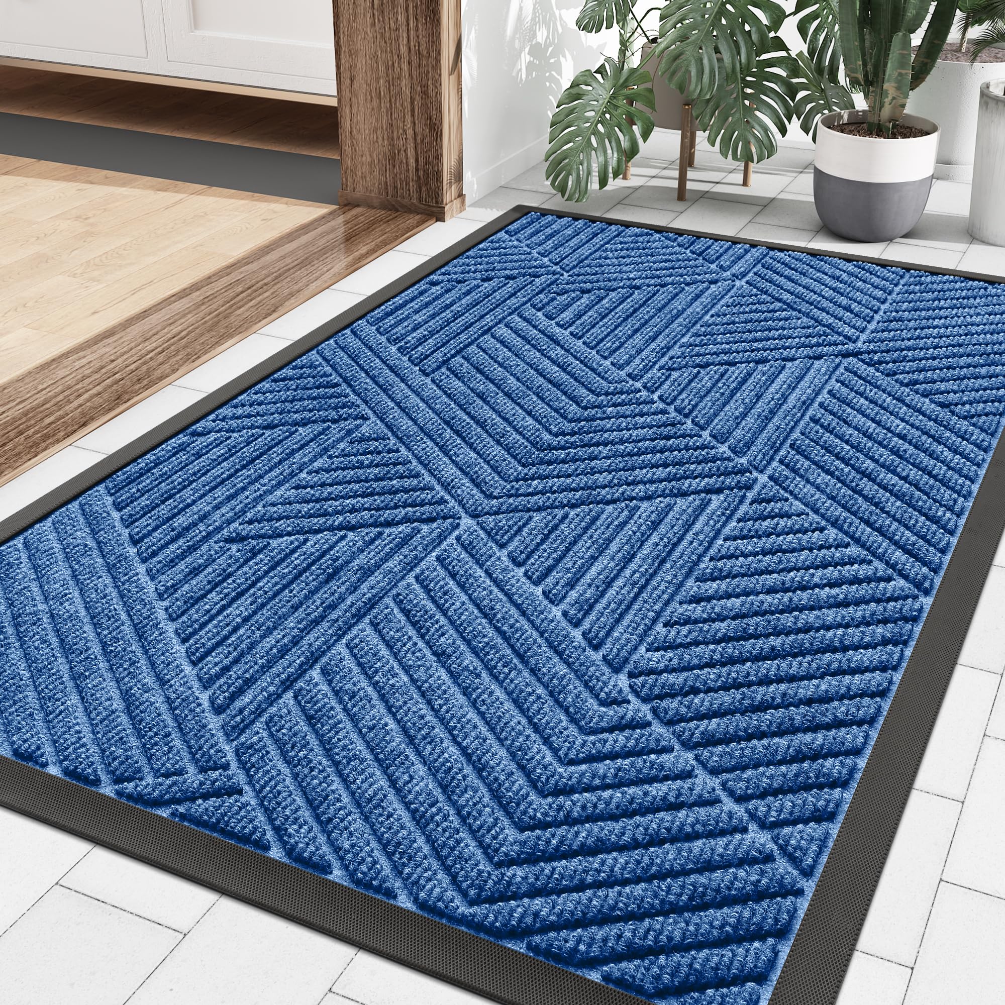Smiry Front Door Mat Outside Entrance, Heavy Duty Sturdy Natural Rubber Doormat, Trap Dirt And Moisture, Easy Clean Low Profile Welcome Floor Mats For Indoor Outdoor Entry, 29.5X17 Inch, Blue